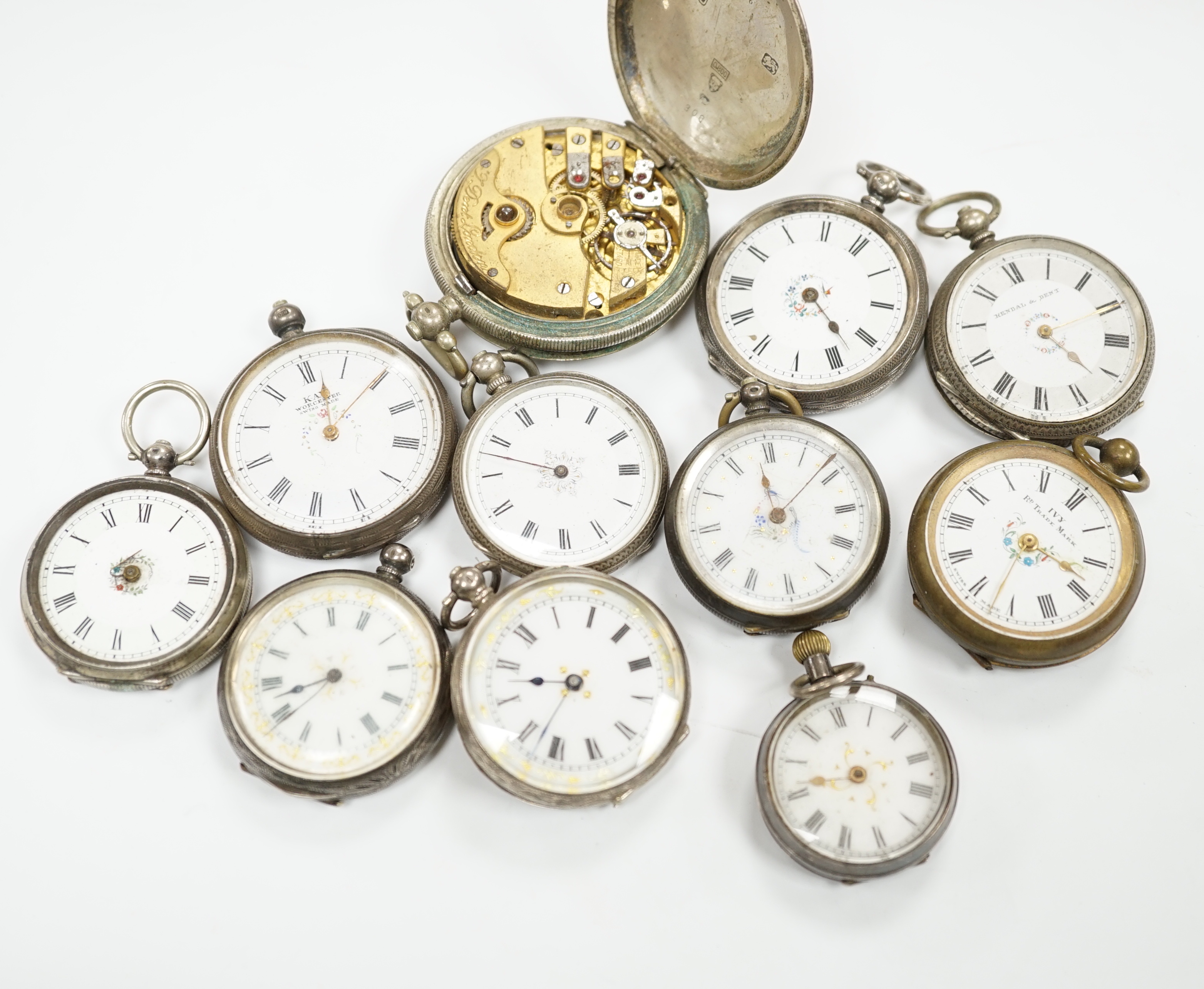 A large quantity of assorted wrist and pocket watch parts and movements, together with assorted fob watches including silver.